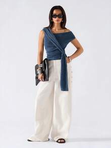 LYSMO 2026新款极简主义春夏女装纯色缎带设计休闲百搭日常上衣，夏季女装，春假/春季/春季/派对上衣/派对/海滩/女士海滩/海滩/婚礼及活动/外出上衣/外出上衣/女士外出上衣/外出/外出上衣/外出/毕业典礼/女士优雅针织上衣/女士度假/女士假日/夏季假日/度假/假日/女士度假/假日/女士海滩度假/女士休闲衬衫/女士休闲/Y2K/波西米亚风上衣/女士休闲蓝色纹理肩部上衣 - 霧霾藍 - 查看 6