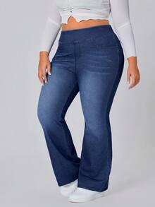 SHEIN CURVE+ Plus Size Women Casual Elastic Flare Leg Jeans - Dark Wash - View 4