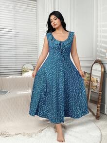 Dazy Plus Piyama Panjang Bodycon Elastis Ukuran Plus Motif Bunga Kecil Modis dengan Kerah Berumbai dan Tali Ikat di Depan untuk Musim Panas - Biru - View 6
