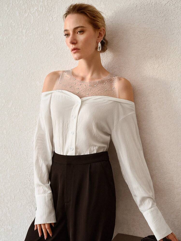 COLD SHOULDER CONTRAST MESH BLOUSE, UNIQUE DESIGN, RHINESTONE DECOR, SLIM FIT BLOUSE FOR WOMEN