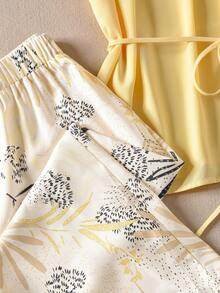 Rusticease Women's Yellow Round Neck Belted Top And All-Over Allover Print Pants 2 Pieces Set - Multicolor - View 5