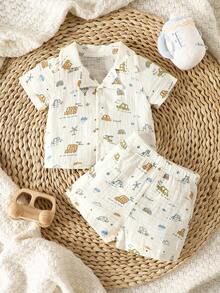 SHEIN Newborn Summer Cotton Outfit,Vehicle & Weather Print Collared Short Sleeve Shirt + Shorts Set Boy Baby Clothes - White - View 4