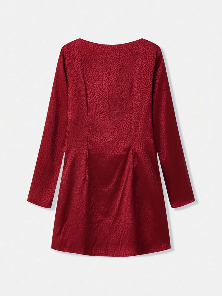 Burgundy Jacquard Satin Fitted Mini Dress With Front Keyhole Cut Out And Long Sleeves Elegant Autumn Winter
