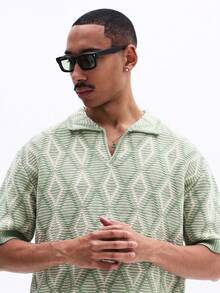 SUMWON 男士宽松版型纹理针织Polo衫，短袖，菱形图案，罗纹领，休闲春夏针织上衣 - 薄荷綠 - 查看 4