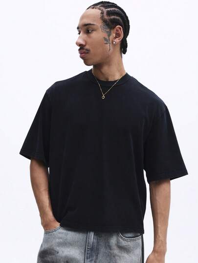 SUMWON 男士黑色宽松圆领短袖水洗棉T恤，宽松版型，夏季休闲街头风上衣