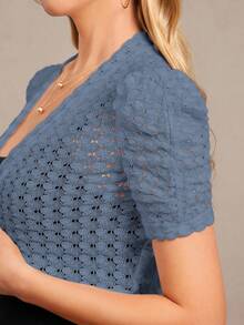 Amorya 女士优雅蕾丝短袖开襟轻薄外套，适合日常通勤和百搭穿着，秋冬季款 - 淺藍色 - 查看 8