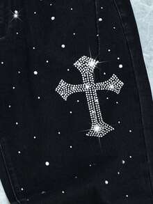 GENIUS ODE 男士美式街头哥特水晶十字架黑色水洗阔腿裤 - 黑色 - 查看 3