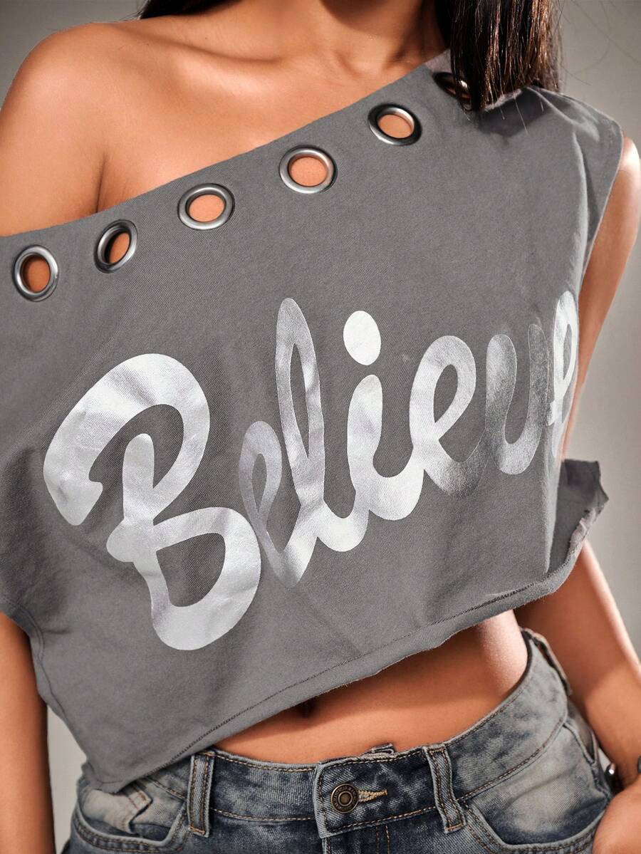 Radiana Women's Grey Summer Streetwear Club Night Asymmetric Shoulder Crop Top,Foil Graphic Metallic Hollow Out Decor Retro Distressed Vintage T-Shirt - Grey - View 1
