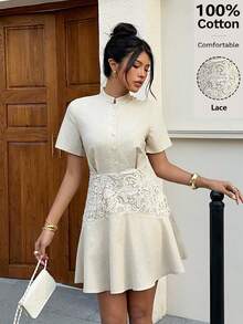 Siren Gaze Đầm ngắn cổ đứng bằng vải lanh mùa hè mới, đầm đi nghỉ mát thường ngày cho nữ, đầm phối ren, đầm đi biển, đầm ngắn bằng cotton, đầm dự tiệc cưới, đầm cotton cài cúc phía trước, đầm phối ren, đầm cổ tàu, đầm màu kem cho nữ, đầm tay ngắn cho nữ - Màu be - Xem 4