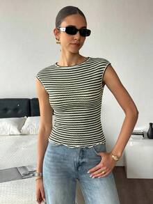 Siren Gaze 女士条纹圆领蝙蝠袖修身T恤，夏季 - 軍綠色 - 查看 3