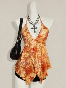 SHEIN ICON Print Asymmetric Hem Fashion Halter Neck Tank Top - Orange - View 1