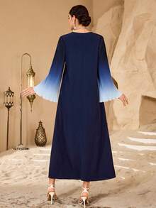 Al Najma Women's Casual Fashionable Minimalist Ombre Pleated Flare Sleeve V-Neck Arabic Style Dress - Navy Blue - View 7