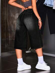 SHEIN PETITE Women's Casual 2000s Y2k Washed 7/10 Length Wide Leg Denim Jeans Night Out Black Summer - Black - View 4