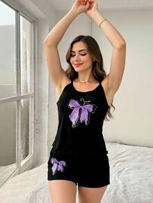 Set de 2 piezas de pijama informal con camiseta de tirantes con volantes y pantalón corto con estampado de mariposas rosa, estilo juvenil - Morado - Ver 4