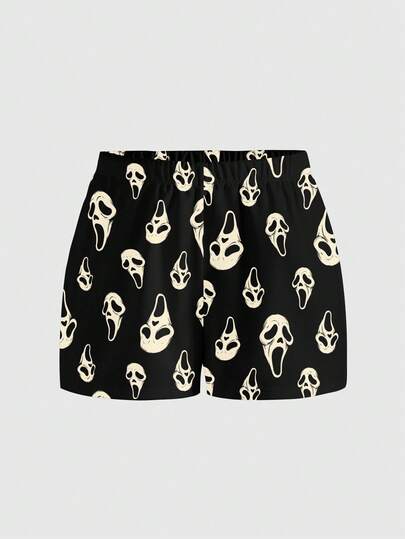 ROMWE Horror Gothic Black Loose Plus Size Shorts For Beach/Holiday