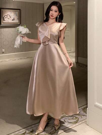 DAZY 女士优雅纯色不对称V领荷叶边下摆中长连衣裙，夏季