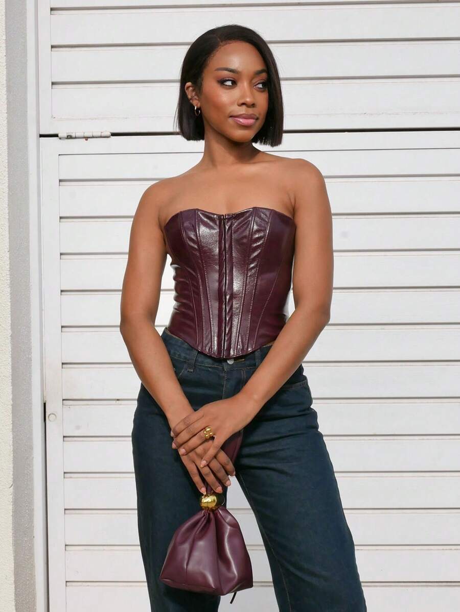 Yess Loren Women's Burgundy Fashion Sexy Faux Leather Corset, Burgundy Top, Leather Top, Corset For Halloween, Christmas Party, Club Top, Party Top, New Year Top,Halloween,Going Out Top - Burgundy - View 1