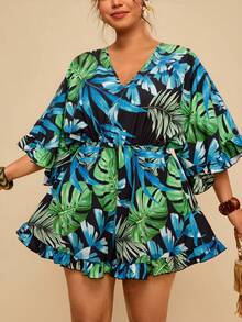 Travachic Mono de mujer talla grande con estampado de plantas tropicales, volantes y mangas acampanadas, informal para vacaciones - Verde - Ver 6