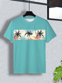 Manfinity RSRT Camiseta de manga corta y cuello redondo para hombre con estampado de árbol de coco tropical, azul lago - Multicolor - Ver 3