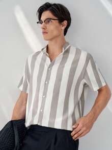 RONVEXI Men's Casual Commuter Striped Short Sleeve Shirt, Summer - Grey - View 5