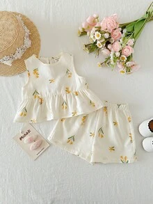 女宝宝可爱度假风花卉图案蝴蝶结装饰吊带背心和松紧腰裤套装 - 黃色 - 查看 2