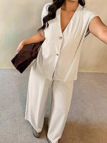 Auralis Damen Große Größen 2 Stücke Set, einfarbiges graues Sommer-Curve-Smart-lässig-Loungewear-Set aus strukturiertem Leinen, ärmellose Weste & Hose mit elastischem Bund und weitem Bein - Aprikosenfarben - Übersicht 3