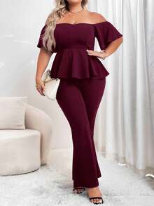 SHEIN Privé Plus Size Summer Elegant Solid Color Off-Shoulder Ruffle Hem Top And Pants 2-Piece Set - Red Violet - View 3