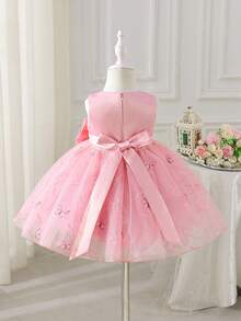 SHEIN Glamorique Kids 女婴蝴蝶结刺绣网纱连衣裙，粉色，适合生日派对、婚礼、节日、舞会等场合 - 藕粉色 - 查看 2