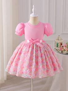 Glamorique Kids Đầm dự tiệc bằng vải voan họa tiết hoa cho bé gái, màu tím, kiểu dáng thanh lịch dành cho các dịp đặc biệt. - Bụi hồng - Xem 9