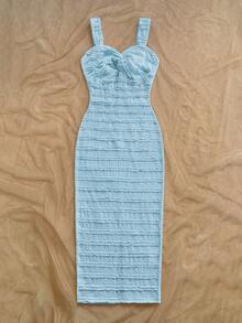 Soleia Vestido midi de tirantes con diseño de nudo retorcido y volantes, unicolor para vacaciones de mujer - Azul - Ver 3