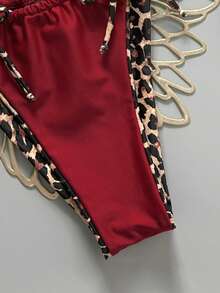 Swim Vcay 2pcs Leopard Print Bowknot Sexy Bikini Set, Women Halter Tankini Swimsuit - Red - View 5