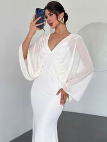 Firerie Đầm maxi lưới xuyên thấu hở lưng, cổ chữ V, tay cánh dơi, xếp ly, thanh lịch, tinh tế, lãng mạn, trang nhã, sang trọng, phù hợp cho tiệc tùng, ngày Valentine, hẹn hò, tiệc sinh nhật, dự đám cưới, kỳ nghỉ, đi làm. - Trắng ngà - Xem 6