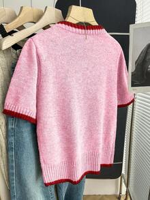 SHEIN Franclia New Arrival Casual Loose Floral Sweet Retro Women Knit Sweater, Spring/Autumn - Baby Pink - View 2
