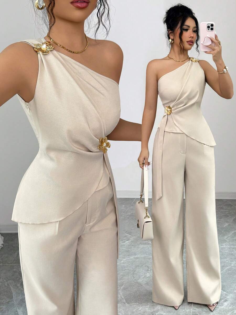 Selianne Set de 2 piezas con parte superior sin mangas de hombro asimétrico y falda para mujeres - Albaricoque - Ver 1