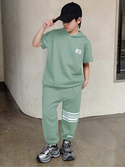 SHEIN Mirajuku 2pcs/Set Boys Teenager Sports Hooded T-Shirt Matched With Knit Pants