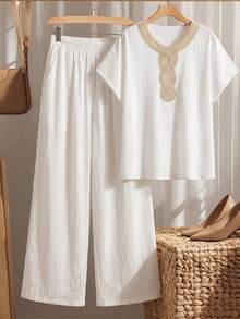 Comfylo Women's Lace Collar T-Shirt And Wide Leg Pants Casual 2 Pieces Set - White - View 6