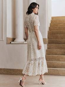 Anewsta Đầm nữ tay ngắn cổ bẻ đính đá lấp lánh, thiết kế dây xích, chất liệu voan mỏng, in hoa, thích hợp cho mùa xuân, hè, các dịp trang trọng, Lễ tình nhân, lễ hội, tiệc tùng, đính sequin, đám cưới. - Trắng ngà - Xem 7