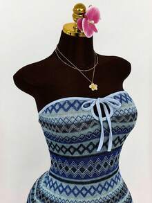 Amplova 波西米亚风纹理面料镂空胸部系带紧身迷你连衣裙 - 淺藍色 - 查看 3