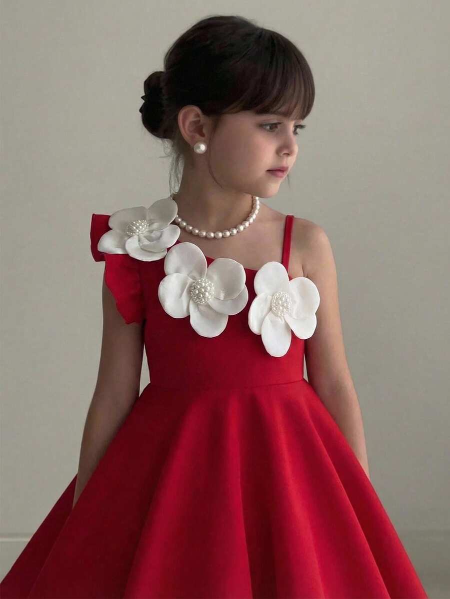 SHEIN 小女孩白色连衣裙,饰有3D串珠花朵,A字收腰设计,适合生日派对、夏季优雅场合。红色连衣裙,适合女孩、小女孩、年轻女孩、红色花童、女孩派对等场合。 - 紅色 - 查看 1