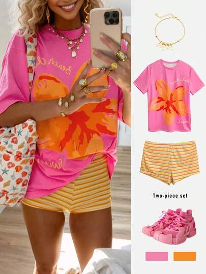 EMERY ROSE This Summer Two Pieces Women's Casual Printed Crew Neck Short-Sleeved Top And Color-Blocked Striped Shorts Set Is Perfect For Vacations, Everyday Wear, Dates, And The Beach. It's Also A Great Gift For Family And Friends.