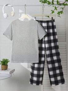 Tween Boys 2 Pieces Pajama Set, Gray Headphone Print Knit Crew Neck Top And Plaid Print Pants, Casual Comfortable Loose Fit Summer Sleepwear - Grey - View 2