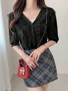 FRIFUL Women's V-Neck Multi-Layer Mesh Ruffle Trim Sweet Short Sleeve Cardigan T-Shirt - Black - View 3