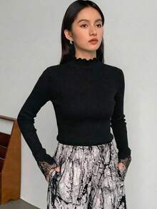 FRIFUL 女士优雅纯色撞色蕾丝长袖T恤 - 黑色 - 查看 2