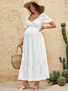 Boho Mama 孕妇夏季海滩度假风纯色雪纺甜心领花瓣袖荷叶边下摆连衣裙 - 白色 - 查看 6