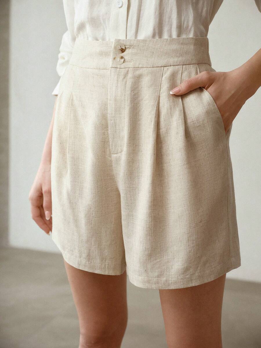 MOTF PREMIUM WOMEN'S LINEN CLASSIC VERSATILE NEW COMFORTABLE SHORTS, SPRING/SUMMER - Khaki - View 2