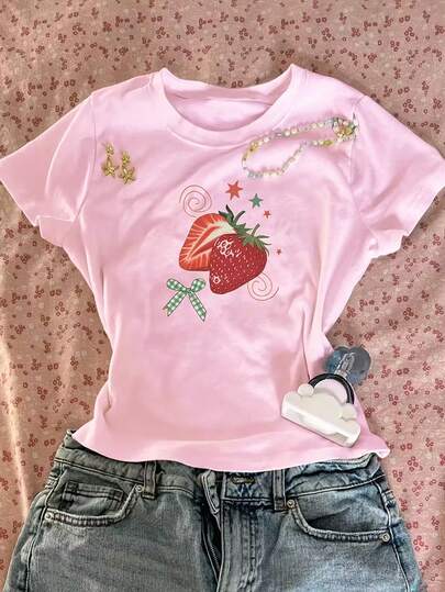 Teen Girls' Casual Comfortable Fashionable Minimalist Strawberry Print Fitted Short Sleeve T-Shirt, Suitable For Daily Wear, Outings, And School