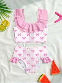2pcs Baby Girls' Butterfly & Striped Print Ruffle Trim Beach/Swimming Suit Set - Multicolor - View 3