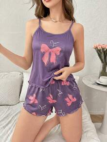 SHEIN 年轻休闲粉色蝴蝶印花荷叶边吊带背心和短裤睡衣套装 - 彩色 - 查看 3
