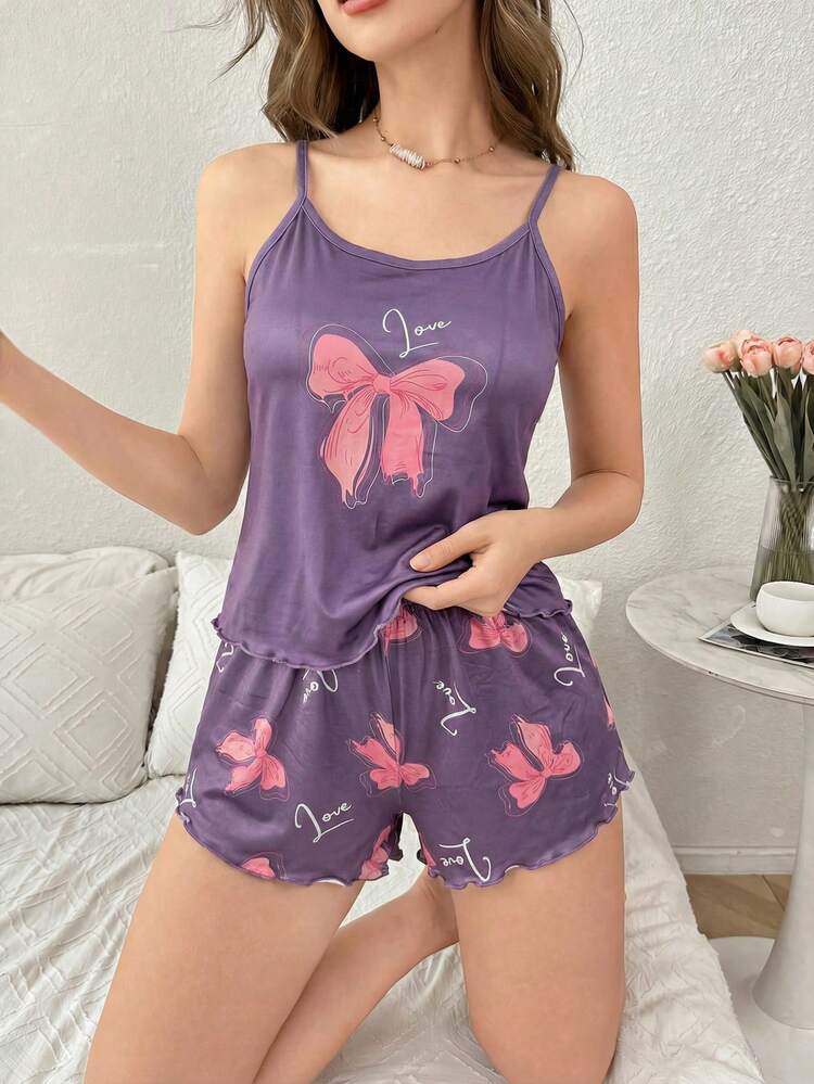 SHEIN 年轻休闲粉色蝴蝶印花荷叶边吊带背心和短裤睡衣套装 - 彩色 - 查看 3