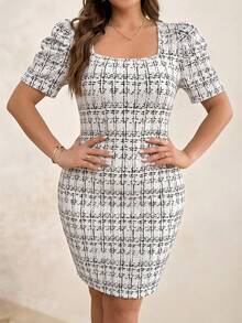 Chikora 大码女士优雅格纹印花方领花瓣袖修身中长连衣裙，夏季 - 白色 - 查看 3